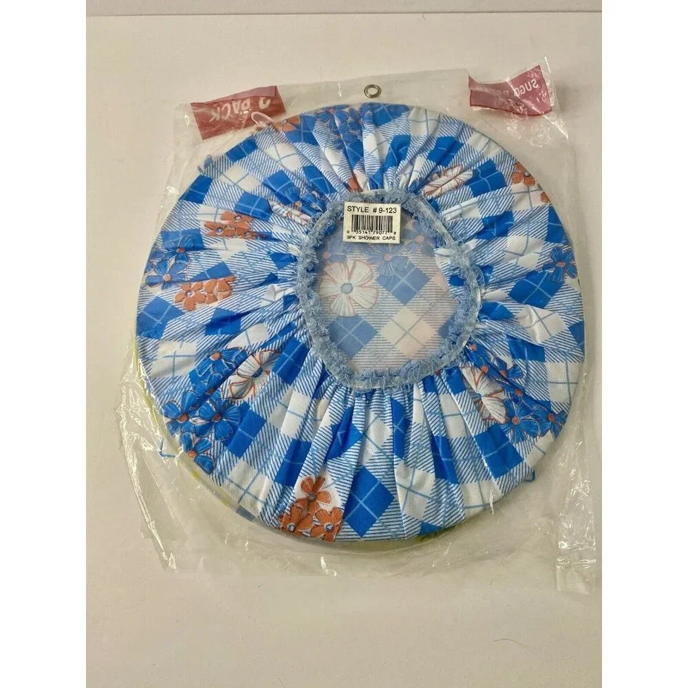 3 Pack Deluxe Shower Caps Vinyl Durable Comfortable Floral Design Blue Yellow‎